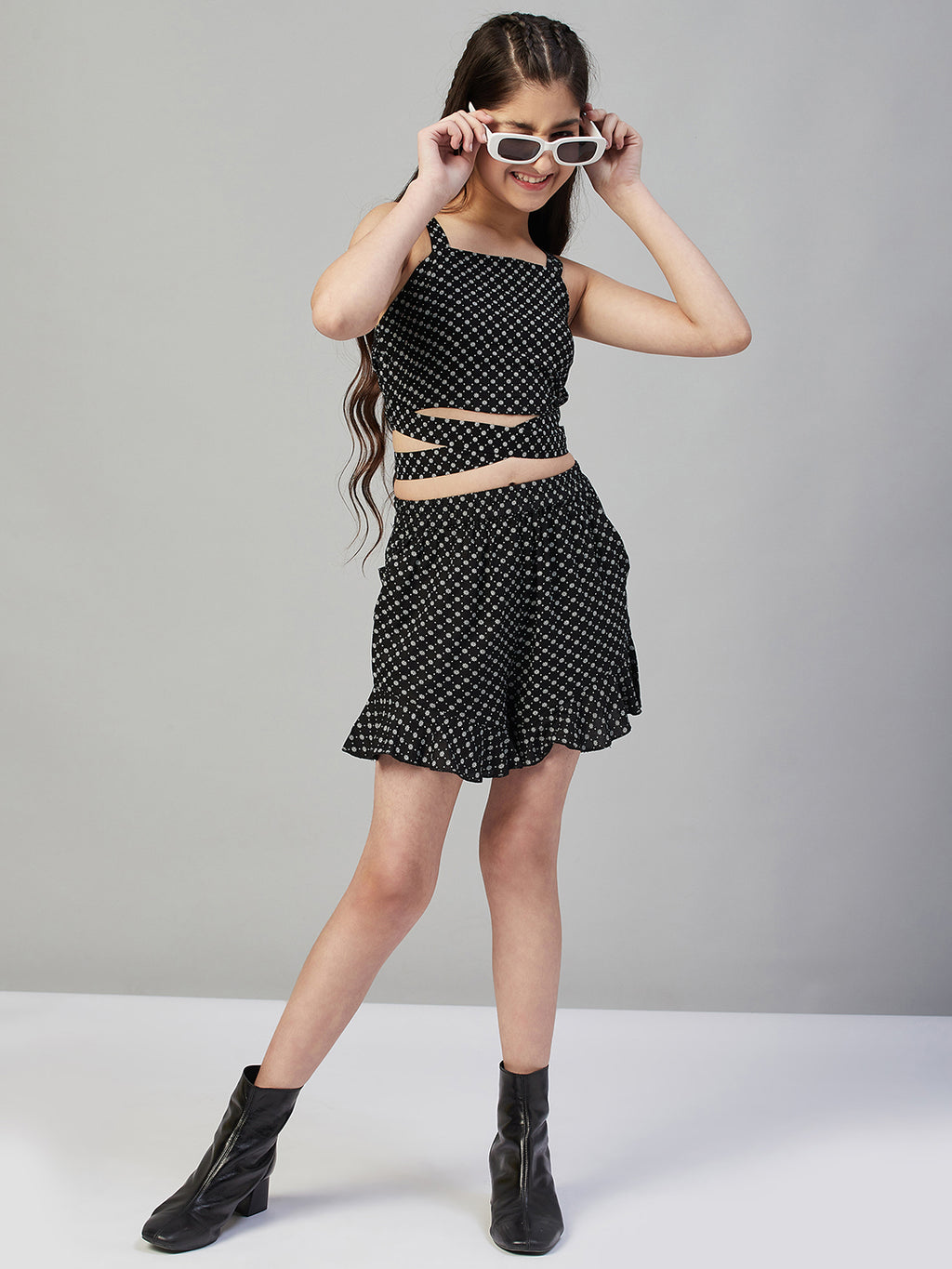 Girls Mid Thigh Printed Top with Shorts - Black