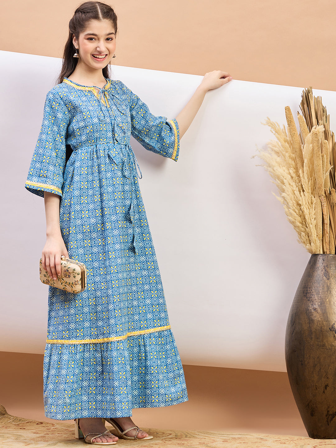 Girls Ankle Length Printed Dress - Blue