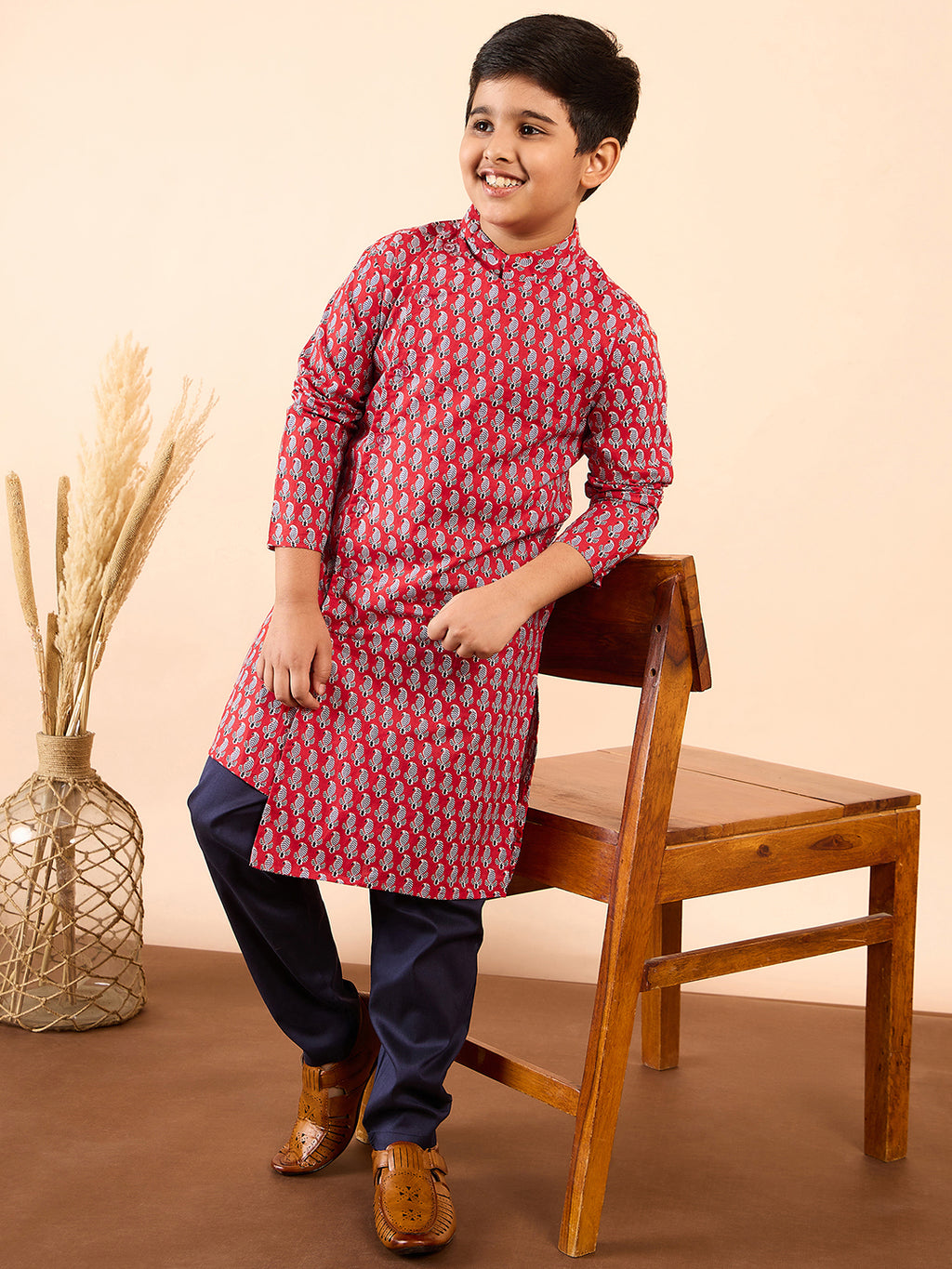 Boys Knee Length Printed Kurta Set - Red