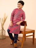 Boys Knee Length Printed Kurta Set - Red