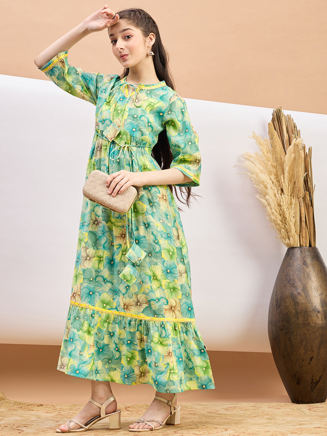 Girls Ankle Length Printed Dress - Green