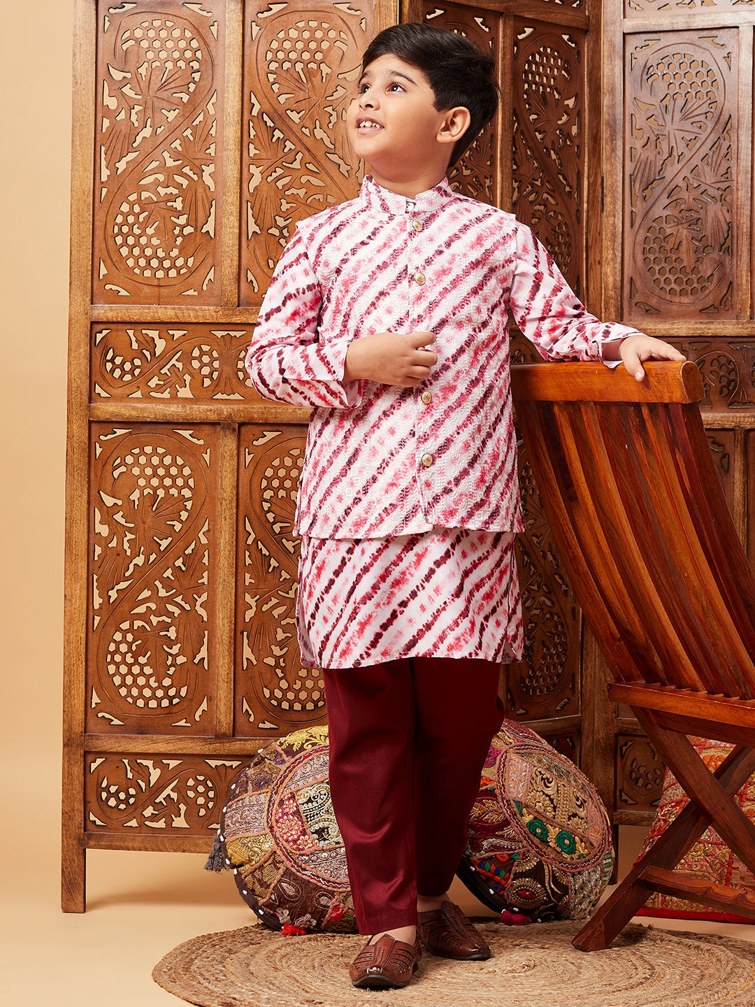 Boys Above Knee Embroidery Kurta Set with Jacket - Maroon