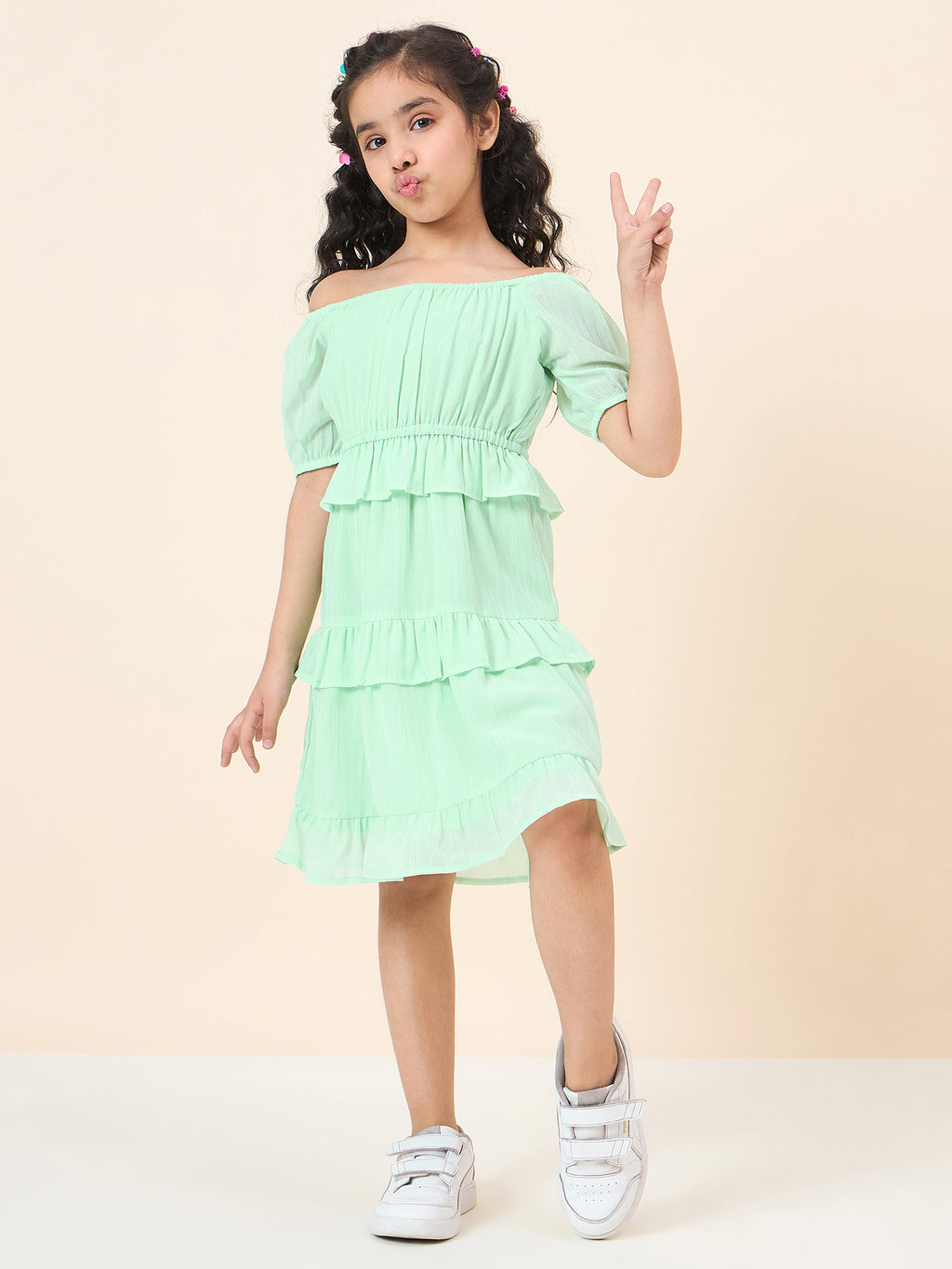 Girls Knee Length Solid Dress - Green