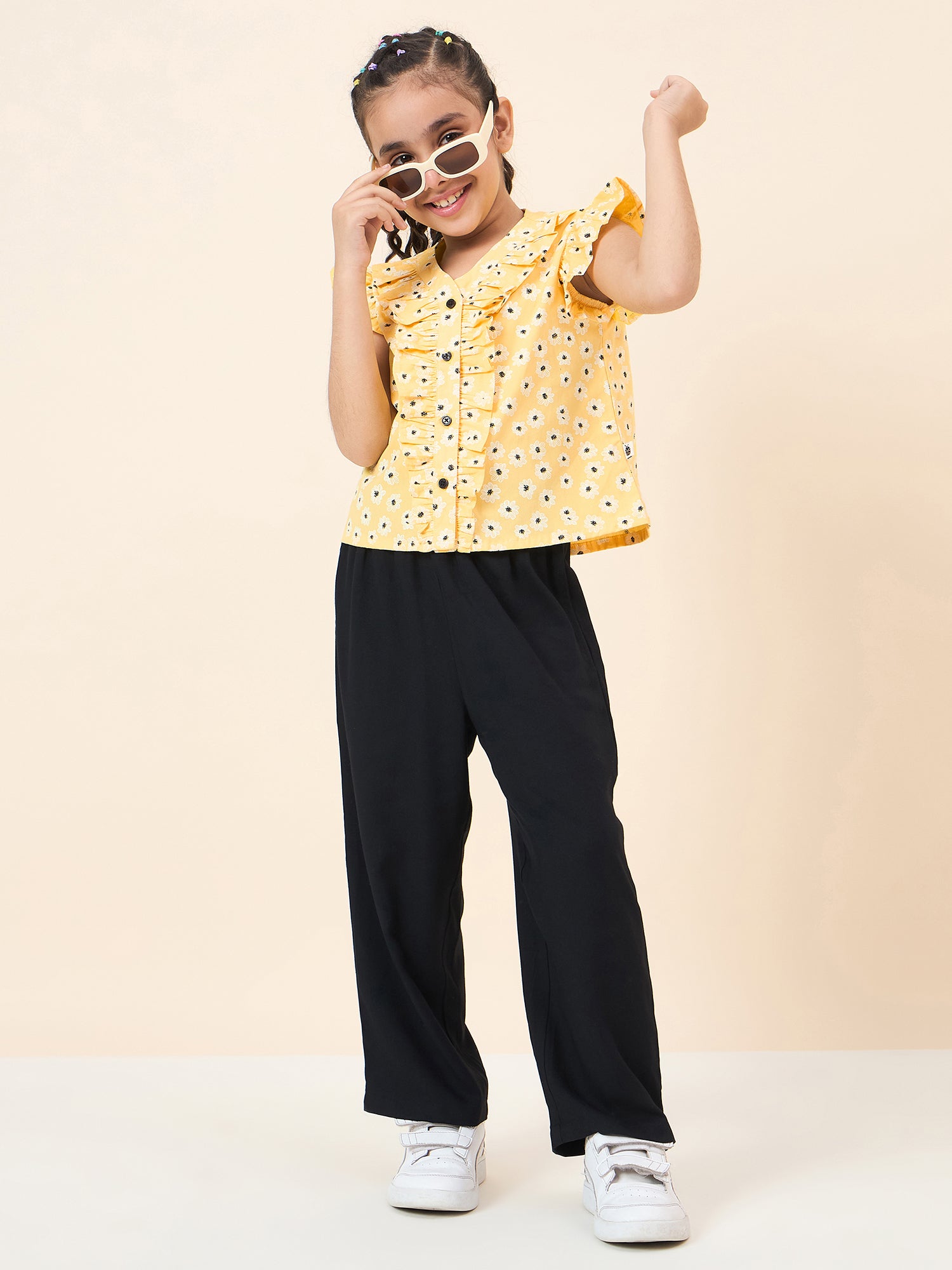 Girls Ankle Length All over Print Top With Pants - Yellow