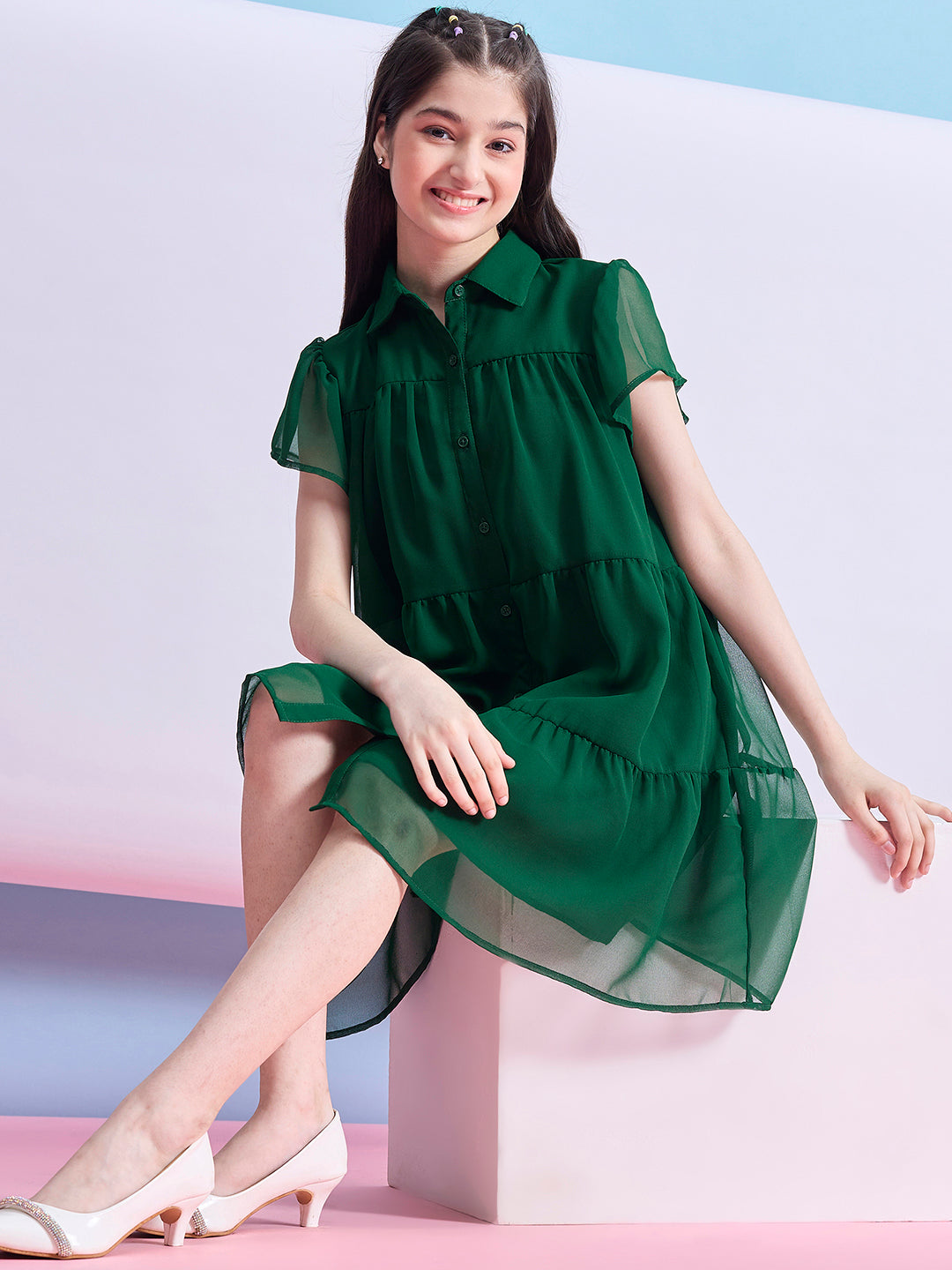 Girls Above Knee Solid Dress - Green