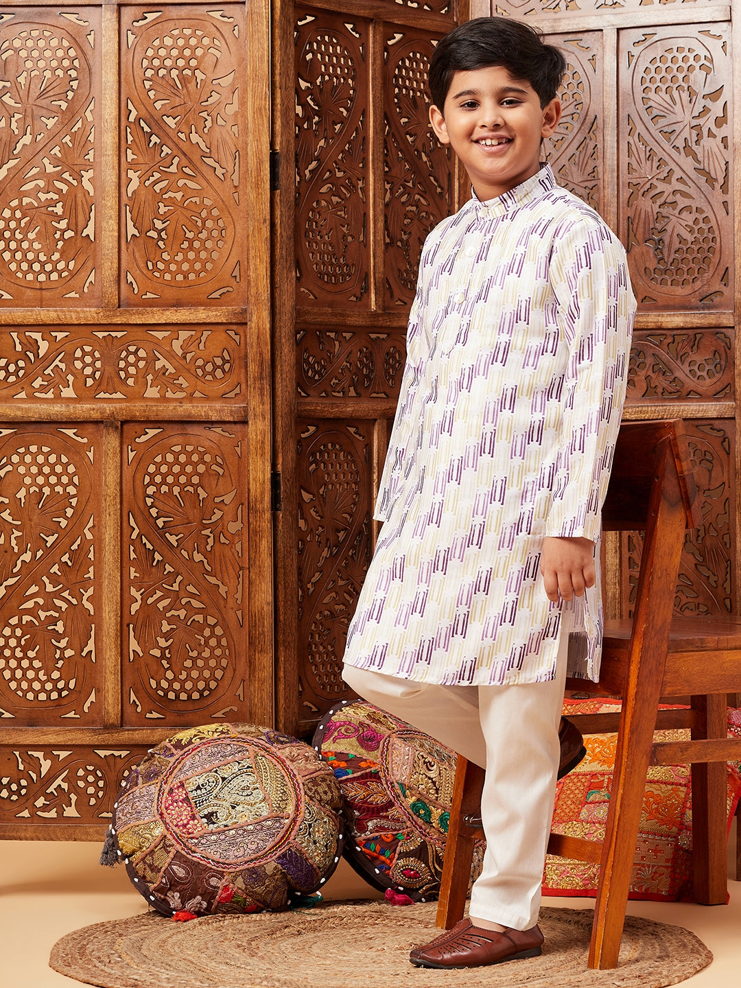 Boys Above Knee All over print Kurta Set - Purple