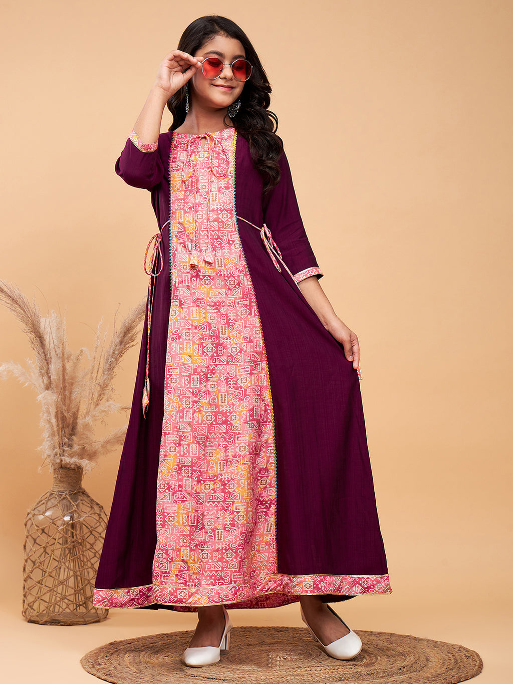 Girls Ankle Length Printed Kurti Set - Purple