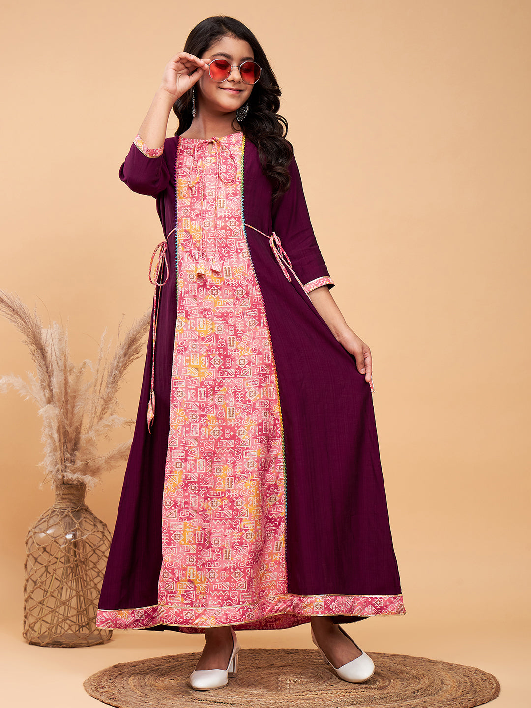 Girls Ankle Length Printed Kurti Set - Purple