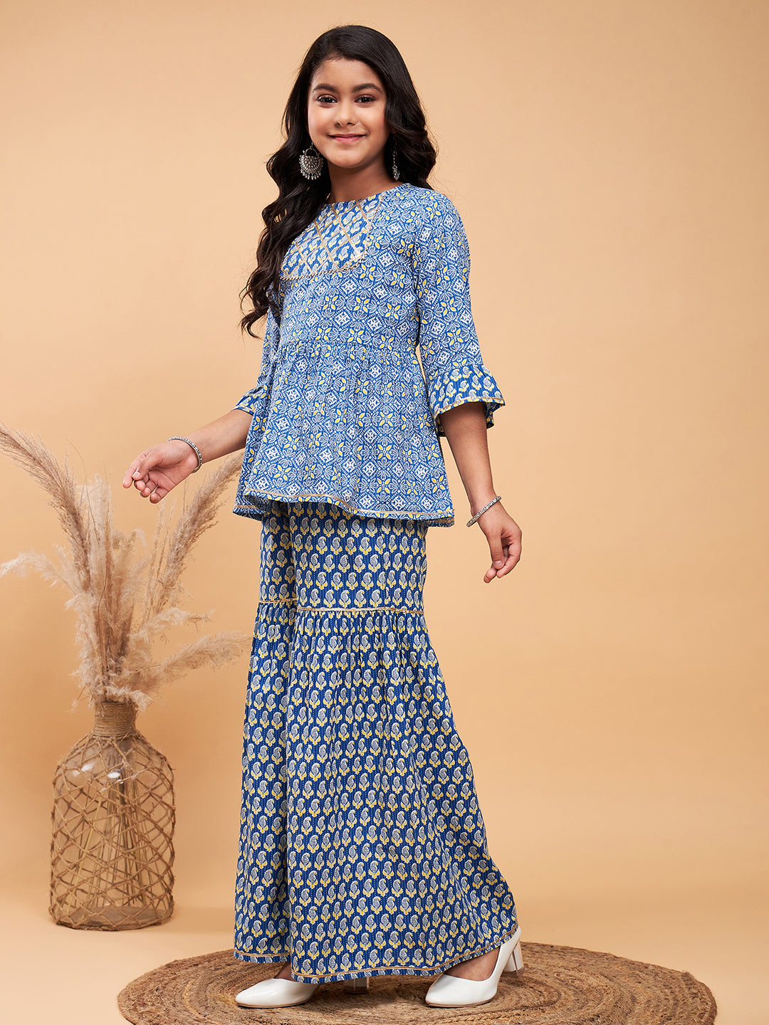 Girls Above Knee Printed Kurti Set - Blue