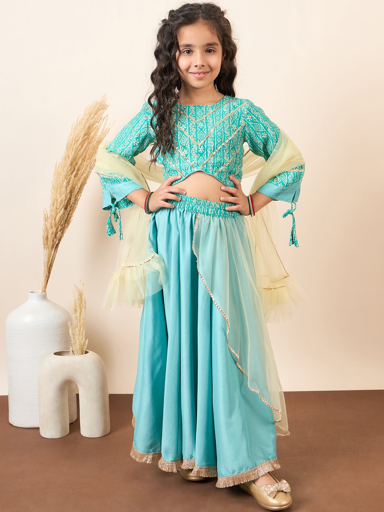 Girls Ankle Length Printed Lehenga Choli - Green