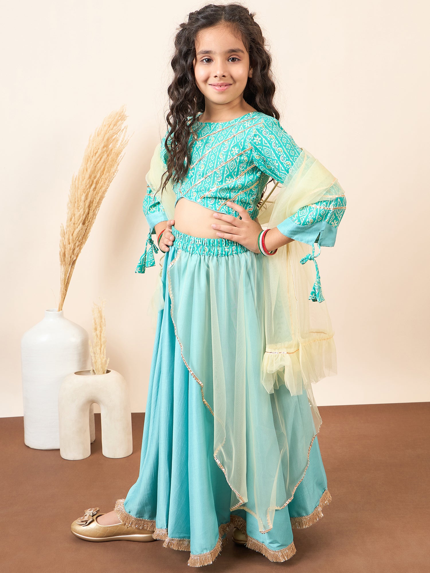 Girls Ankle Length Printed Lehenga Choli - Green