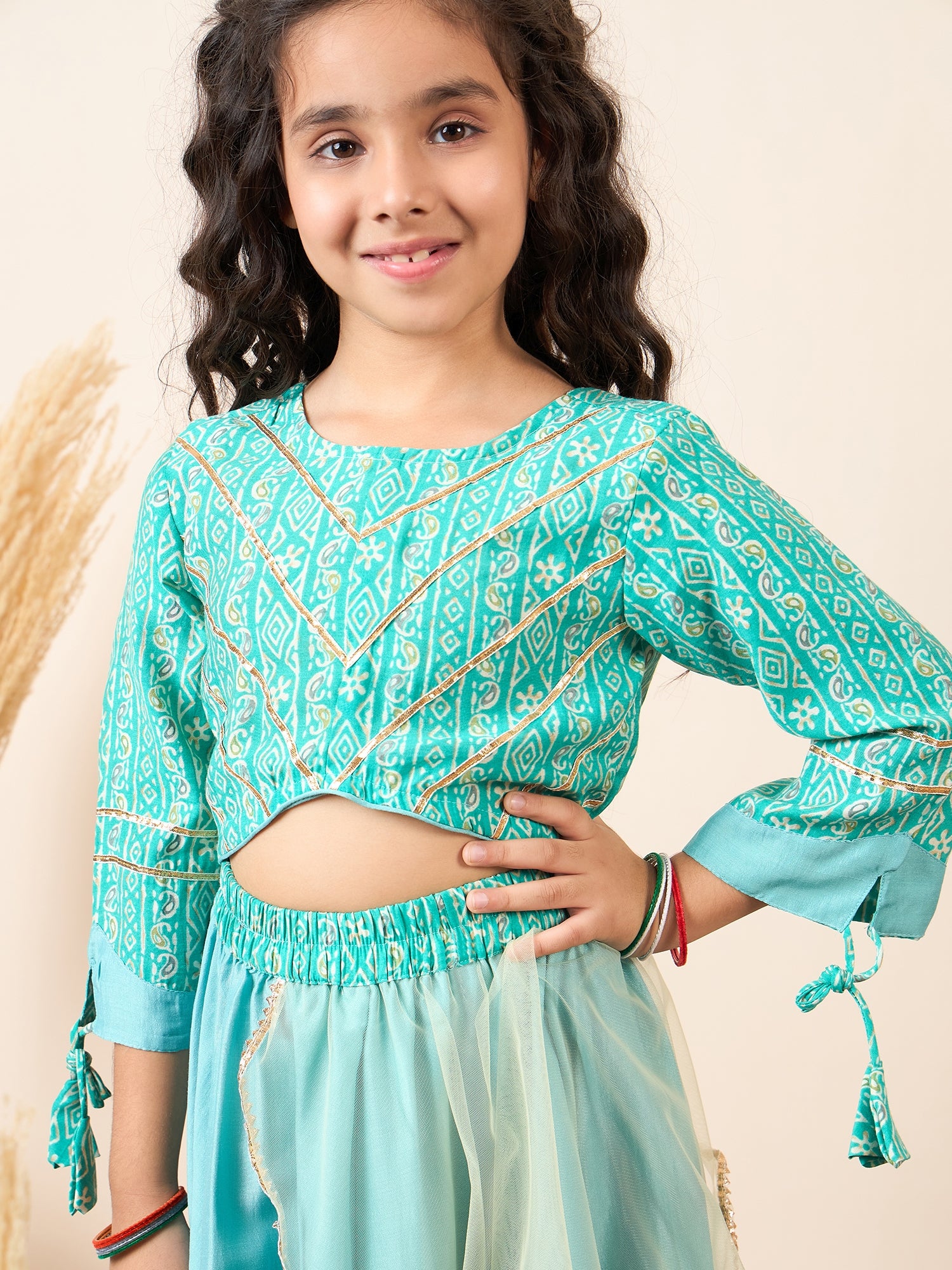 Girls Ankle Length Printed Lehenga Choli - Green