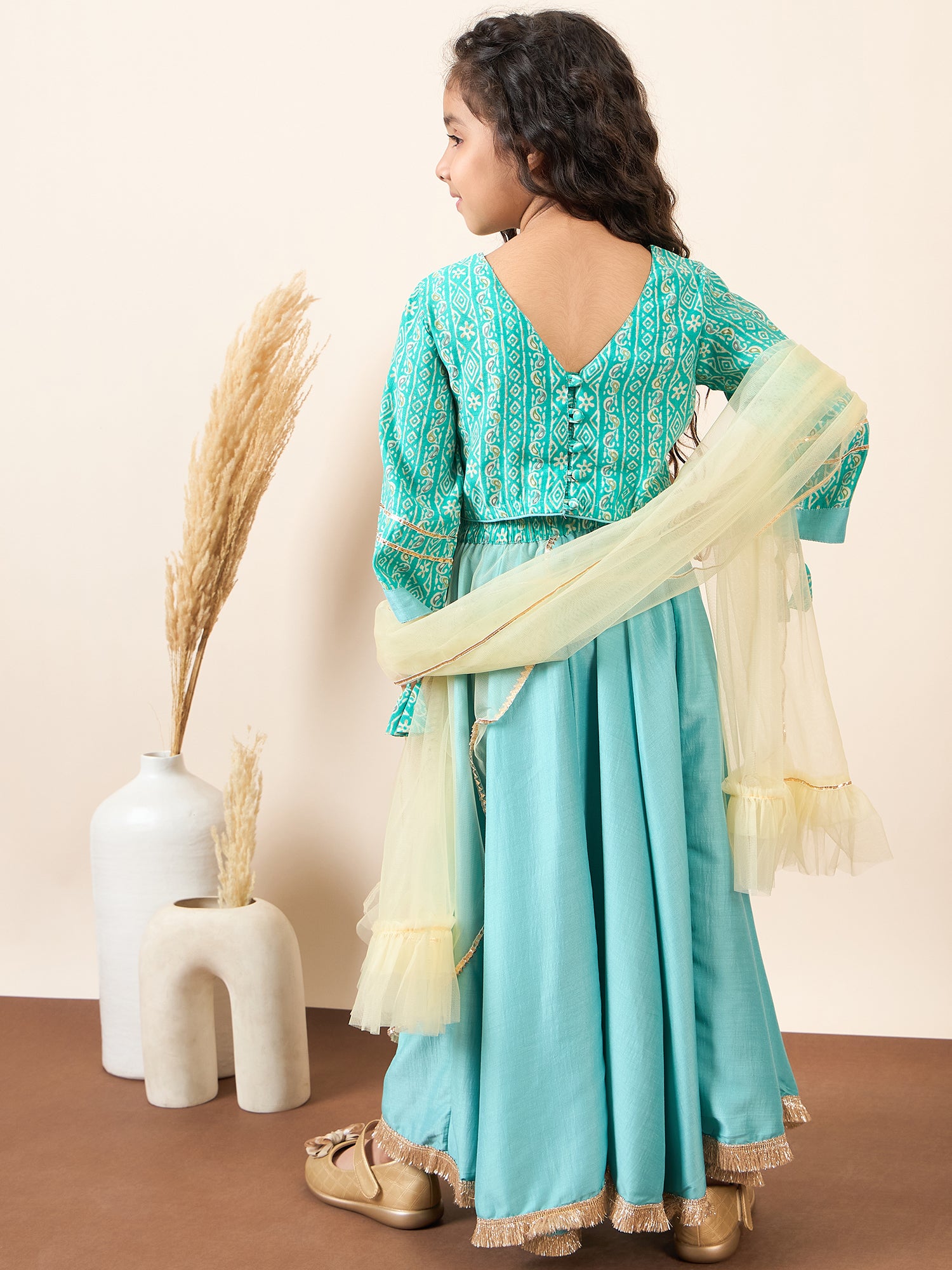 Girls Ankle Length Printed Lehenga Choli - Green