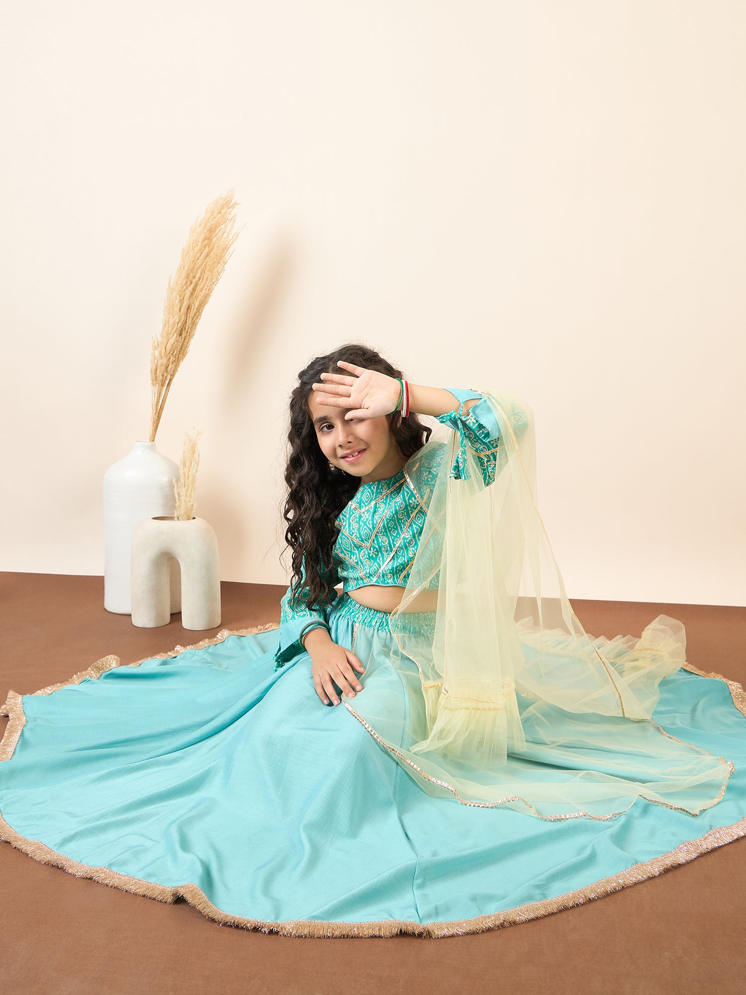 Girls Ankle Length Printed Lehenga Choli - Green