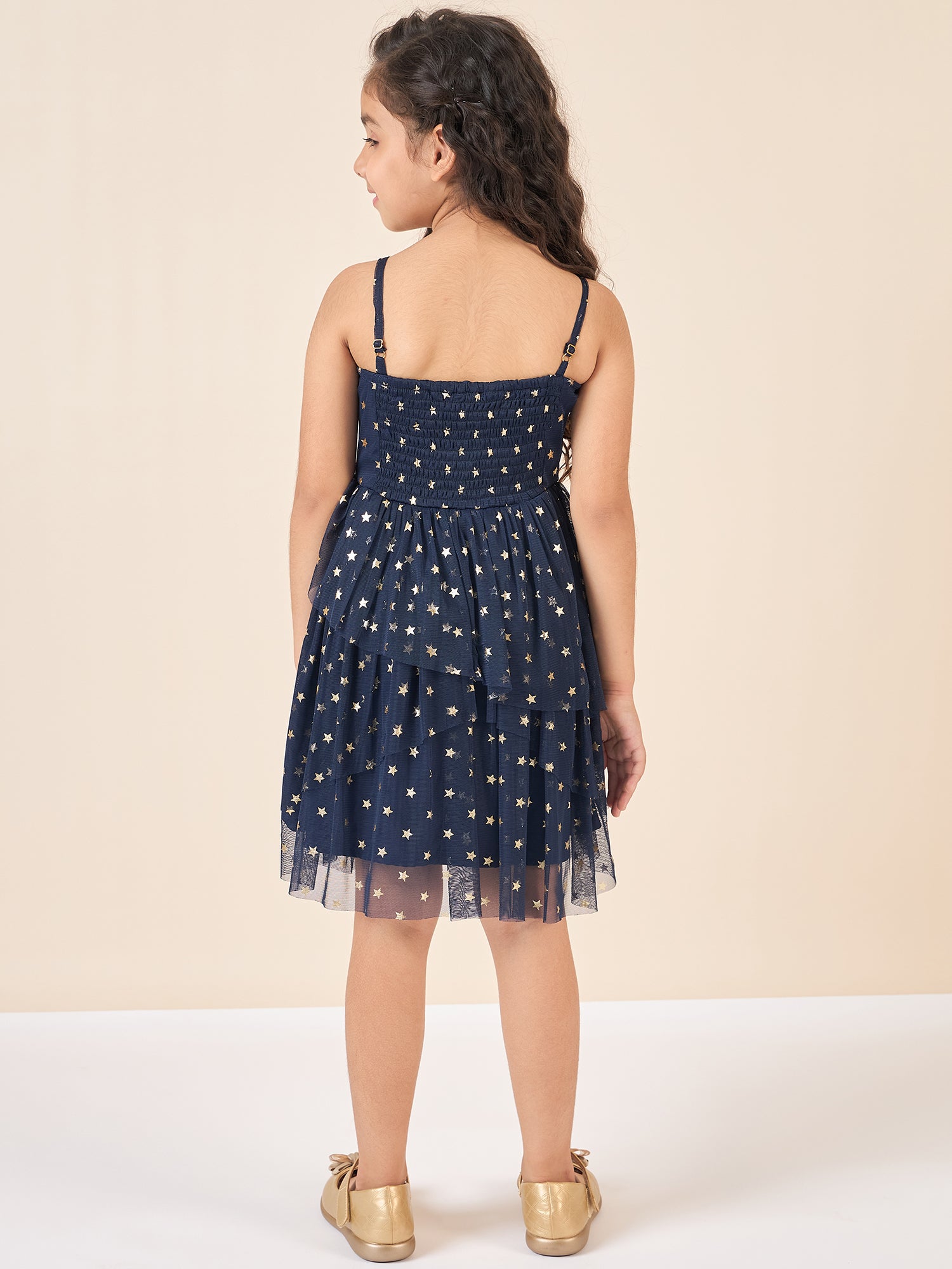 Girls Above Knee All over print Dress - Navy Blue