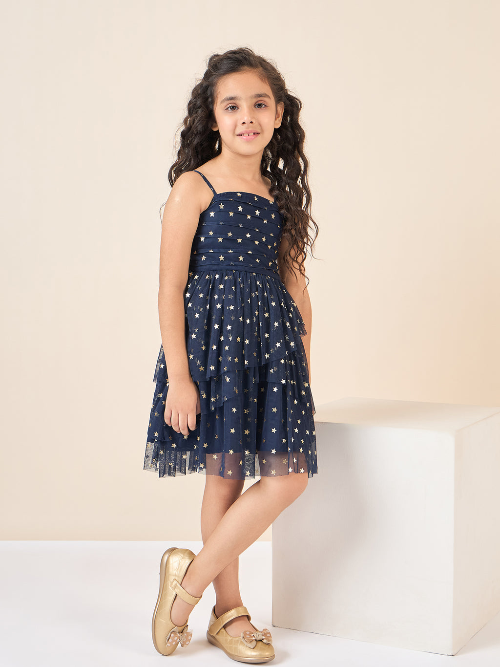 Girls Above Knee All over print Dress - Navy Blue