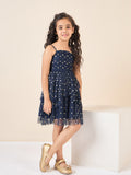 Girls Above Knee All over print Dress - Navy Blue