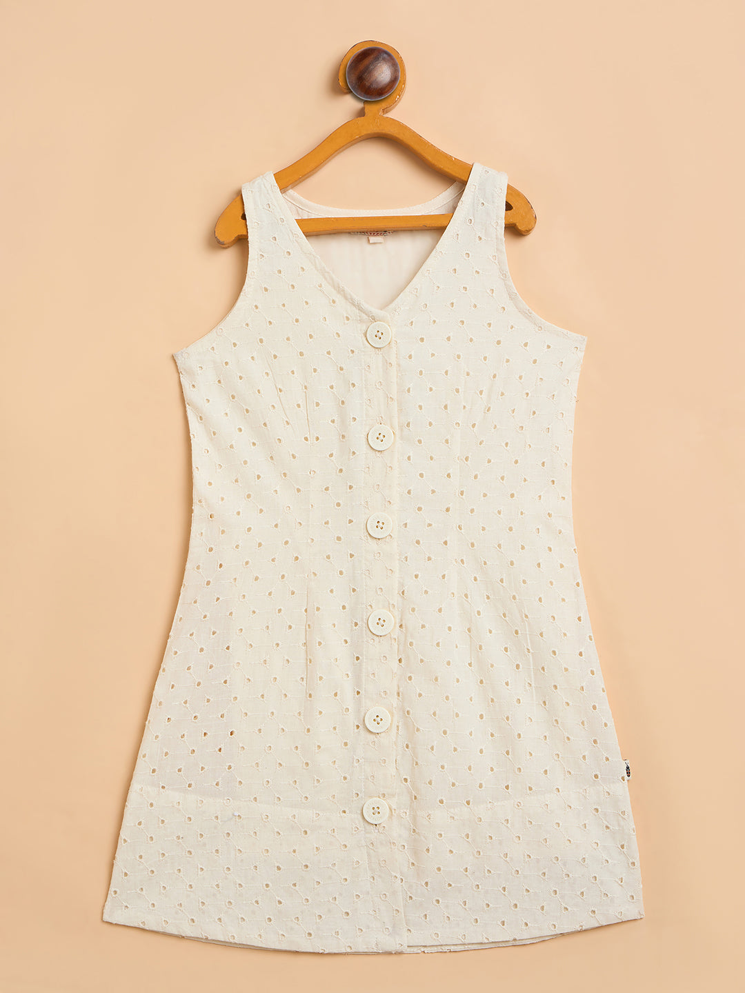 Girls Knee Length Solid Dress - Off-White