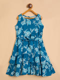 Girls Knee Length All over Print Dress - Blue
