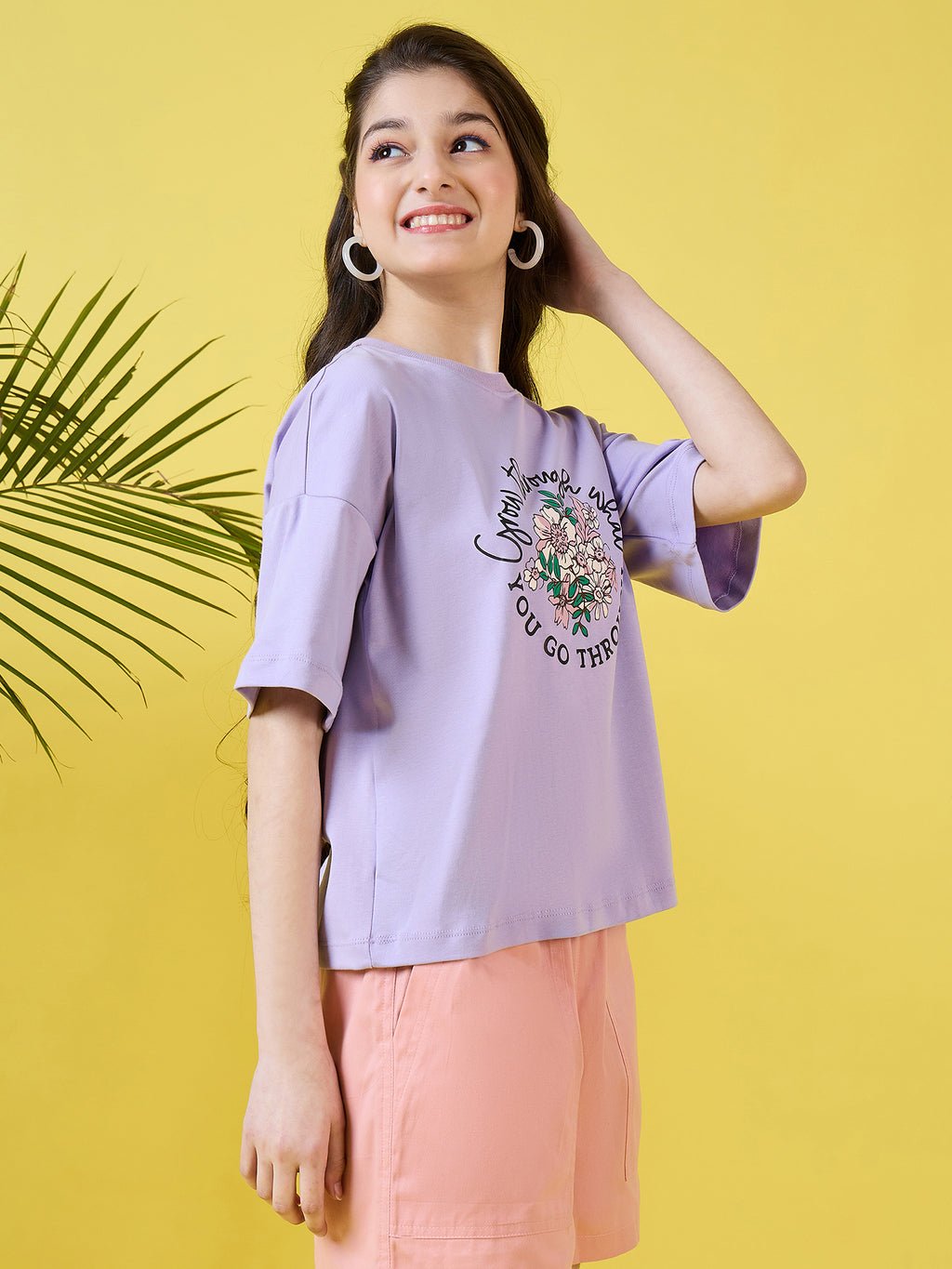 Girls Hip length Printed T-shirt - Purple