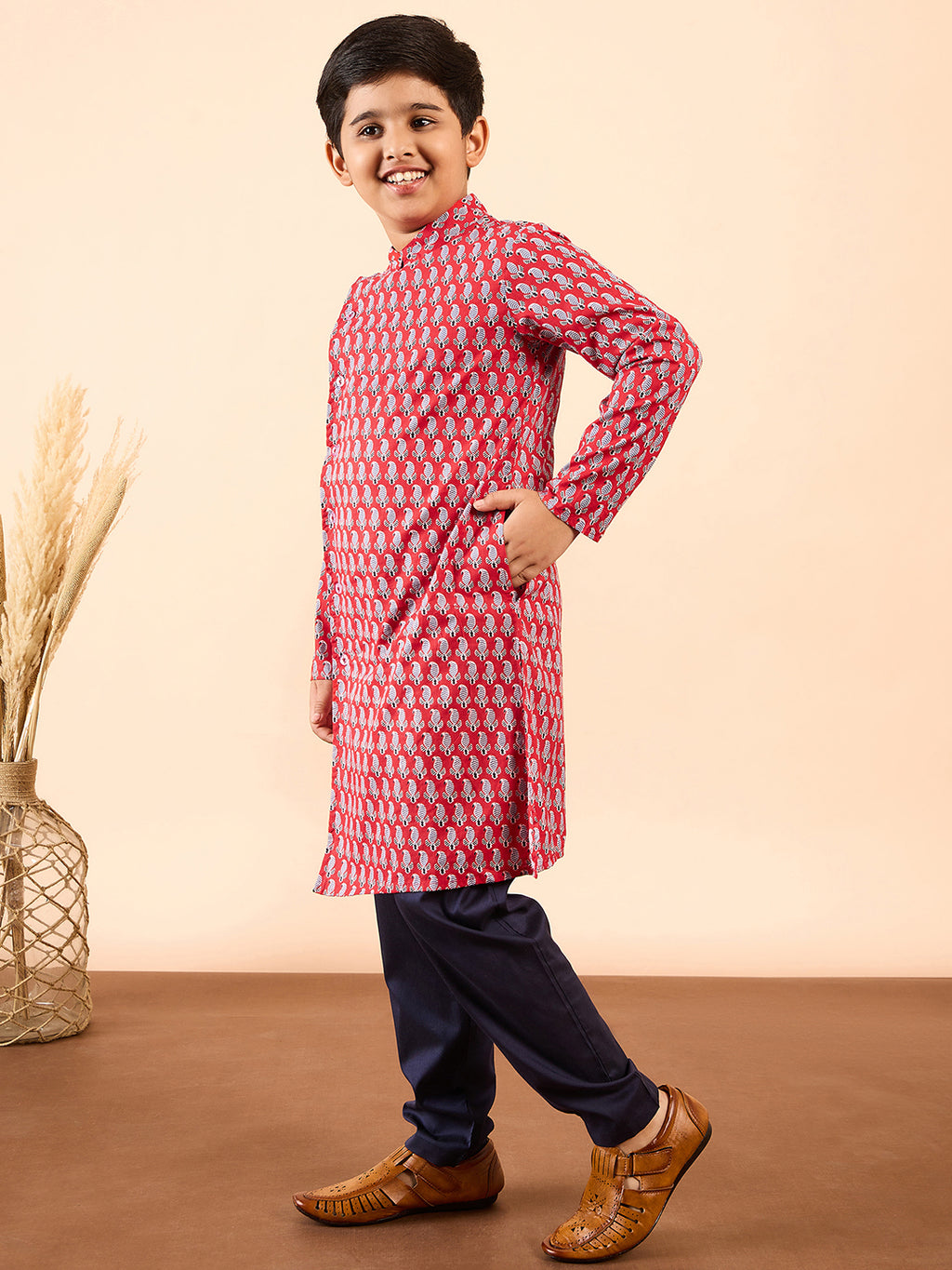 Boys Knee Length Printed Kurta Set - Red