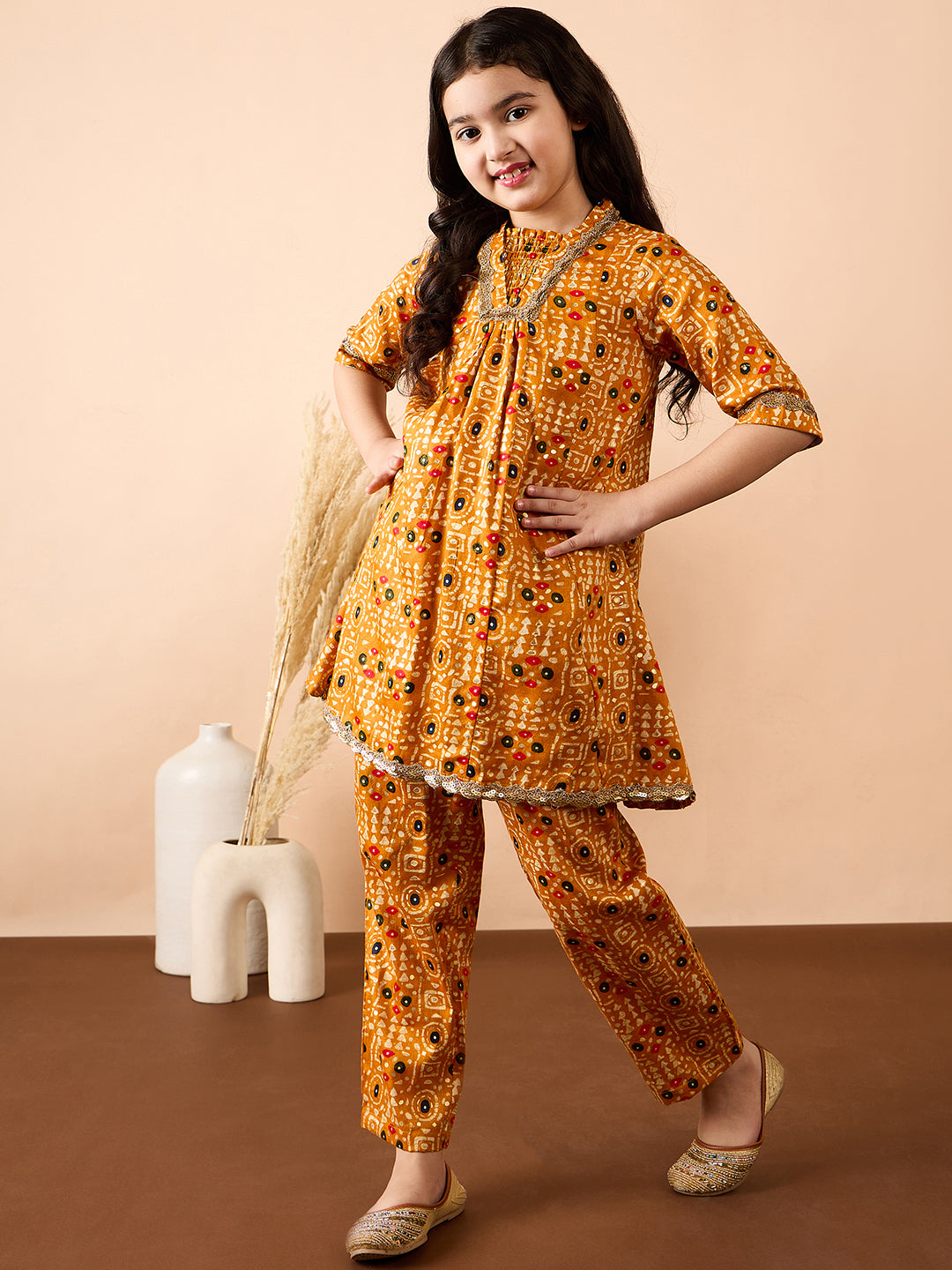 Girls Ankle Length All over Print Kurti Set - Yellow