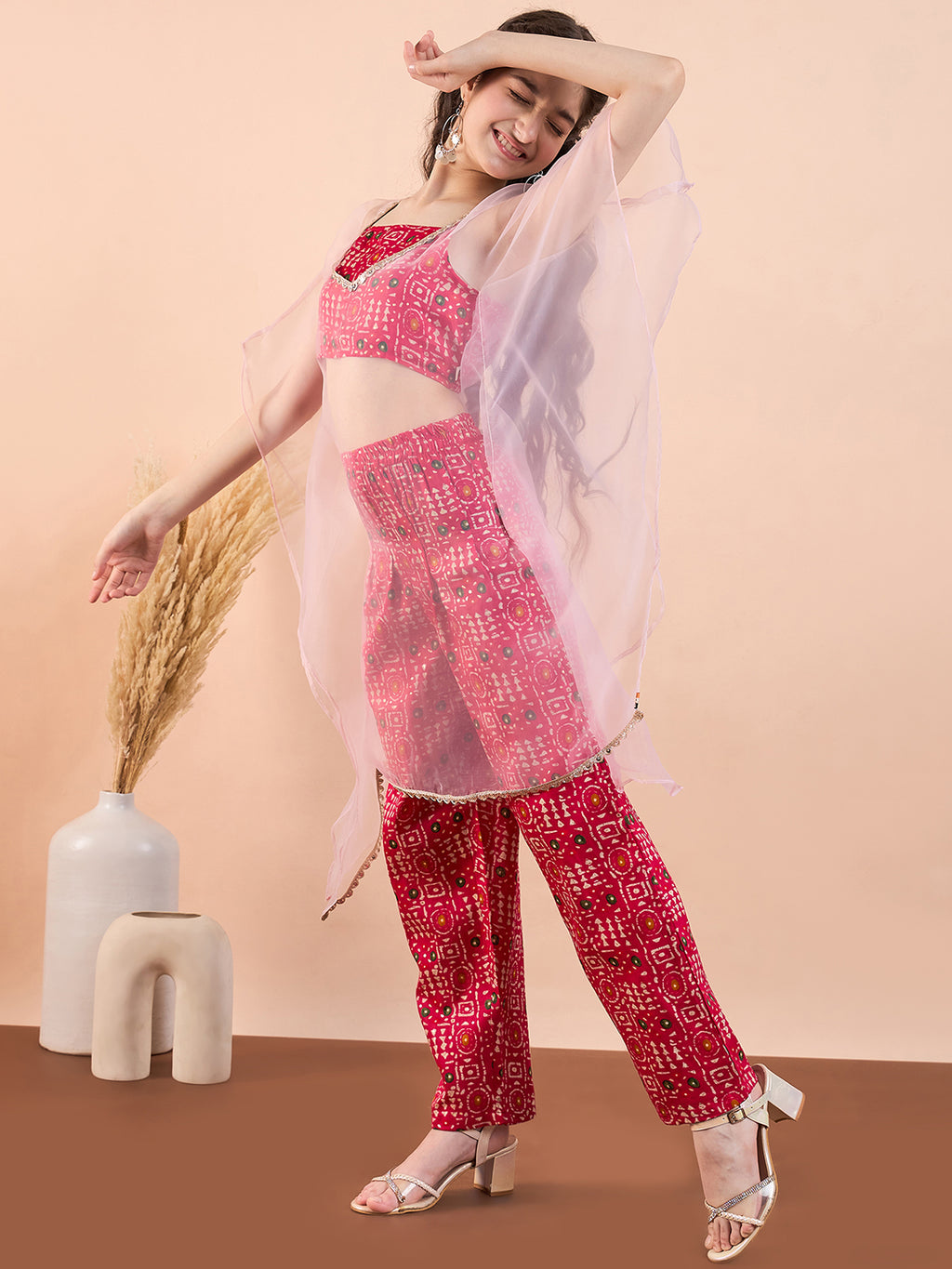 Girls Ankle Length Printed Kurti Set - Magenta