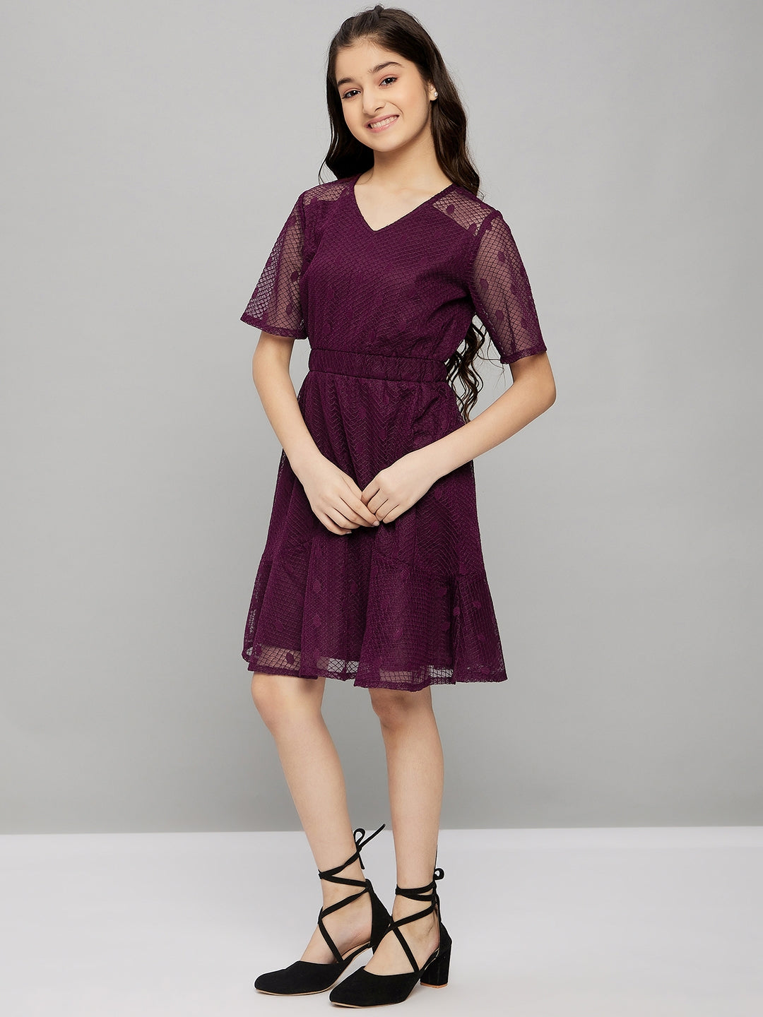 Girls Knee Length Solid Dress - Maroon