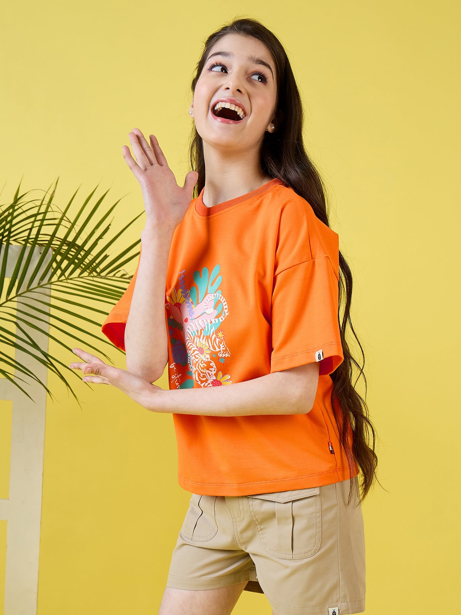 Girls Hip length Printed T-shirt - Orange