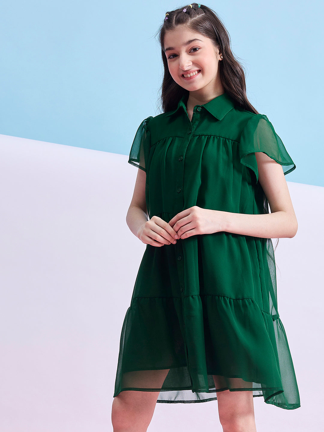 Girls Above Knee Solid Dress - Green