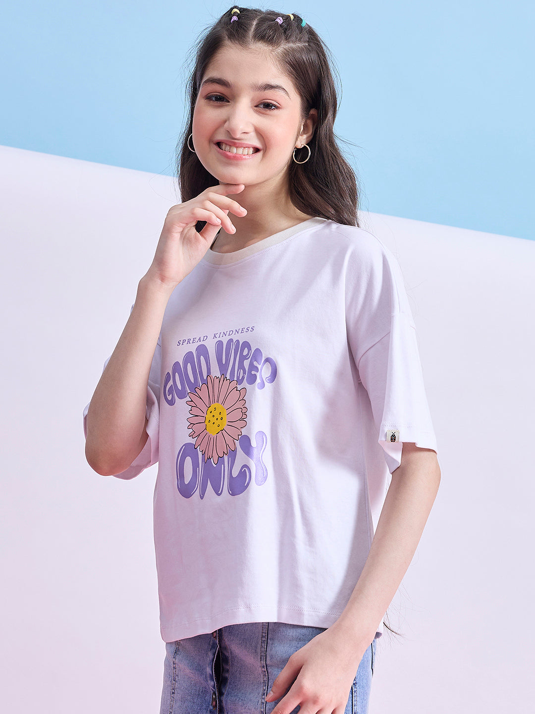 Girls Hip length Printed T-shirt - White