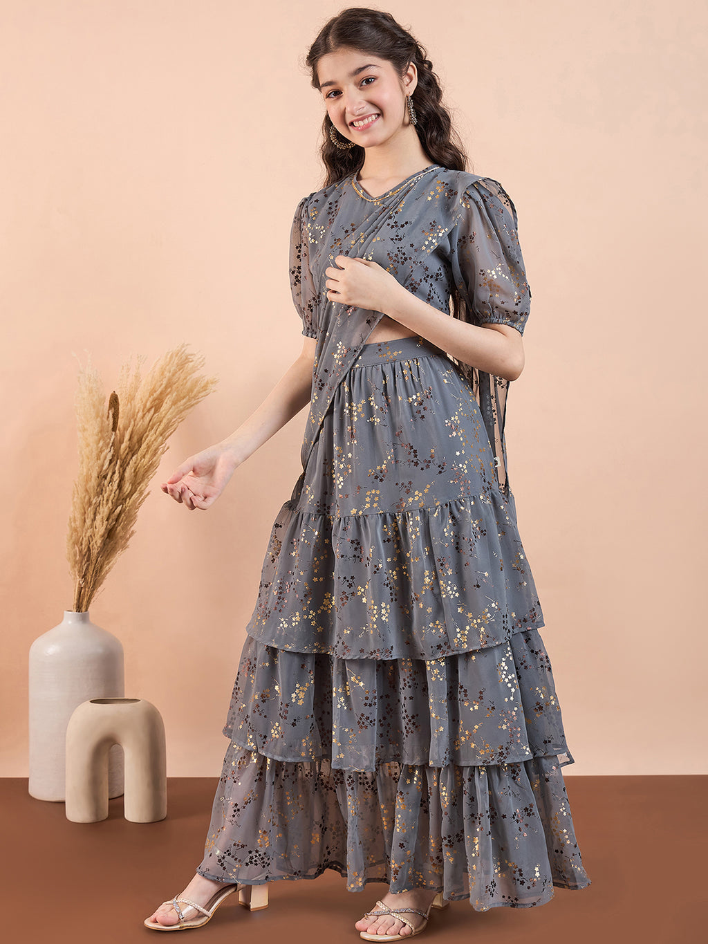 Girls Ankle Length Printed Lehenga Choli - Grey