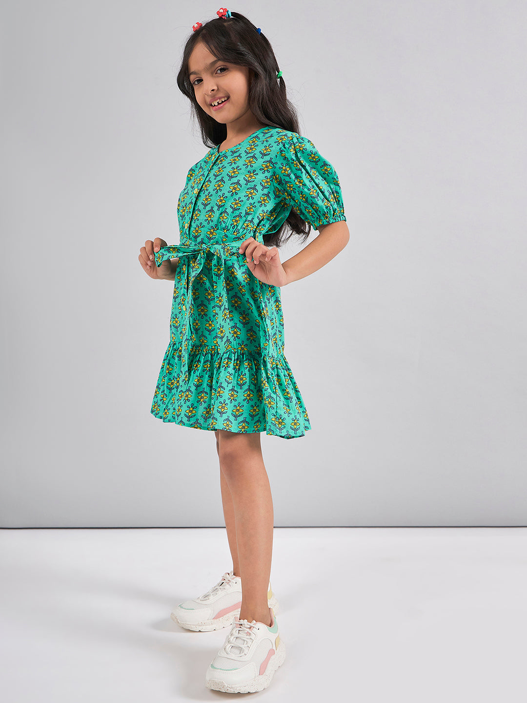 Girls Above Knee Printed Dress - Green