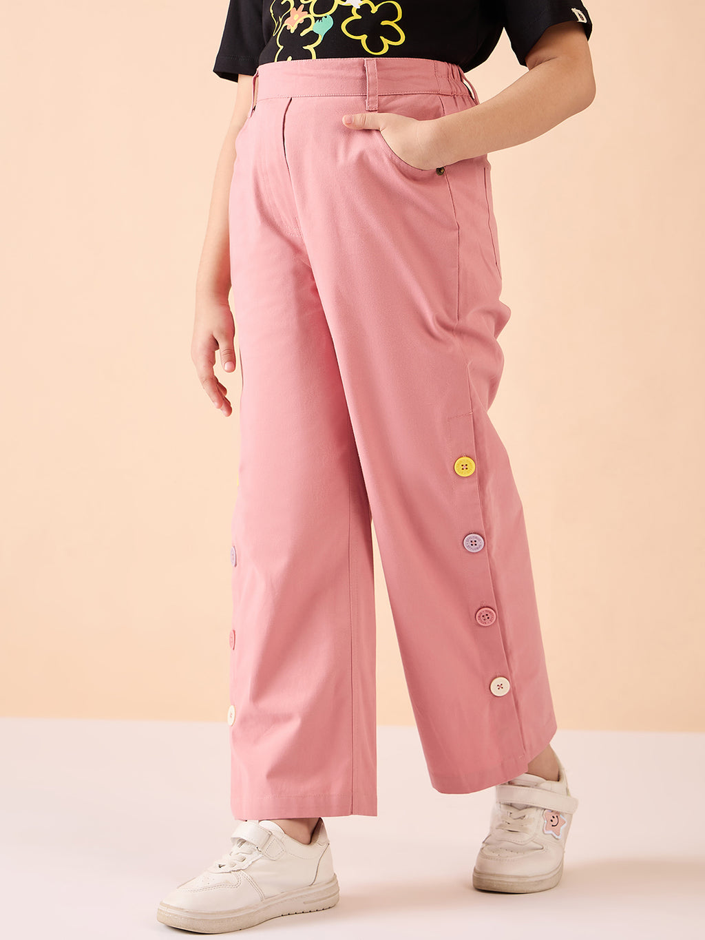 Girls Ankle Length Solid Cargo Pants - Pink