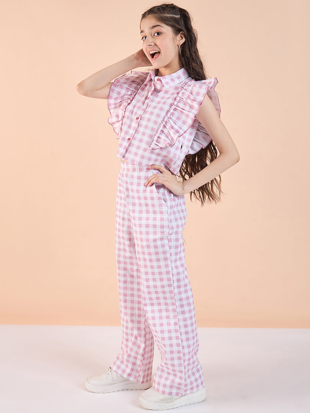 Girls Hip length Printed Top With Pants - Pink