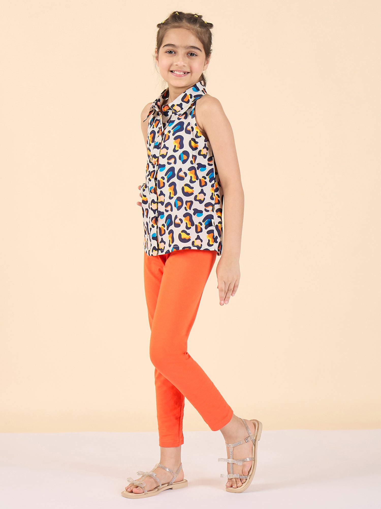Girls Hip Length All over Print Top with Leggings - Multi