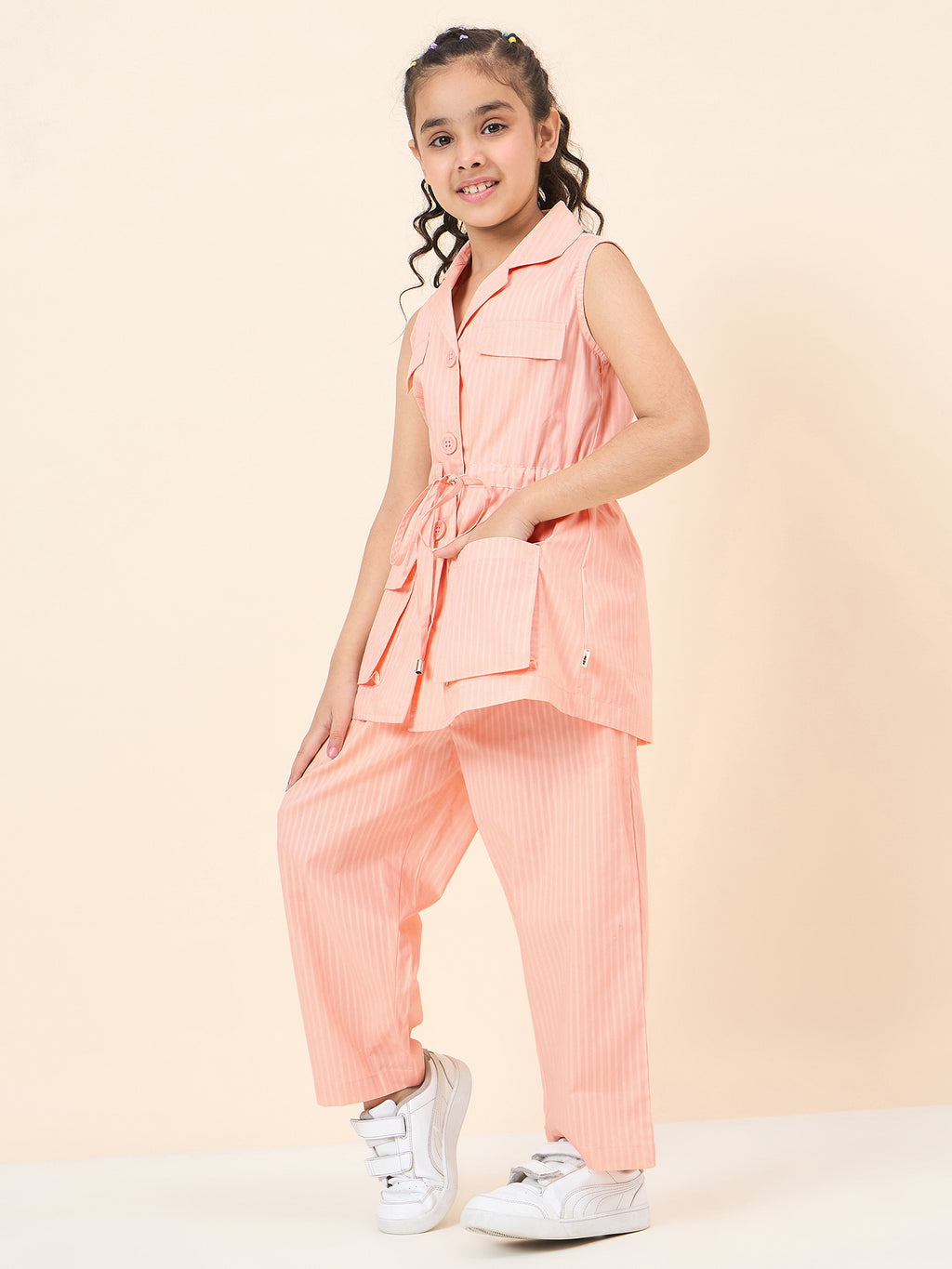 Girls Ankle Length Solid Top With Pants - Peach