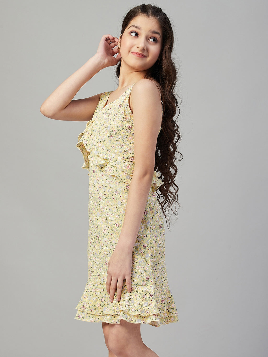 Girls Above Knee Printed Dress - Yellow