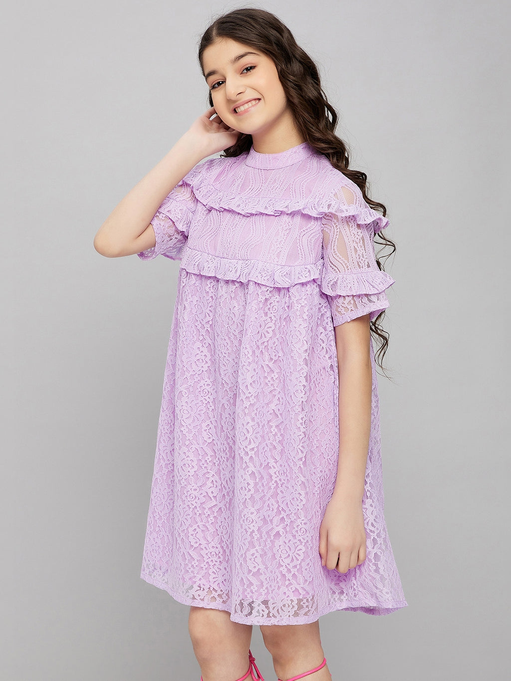 Girls Above Knee Solid Dress - Purple