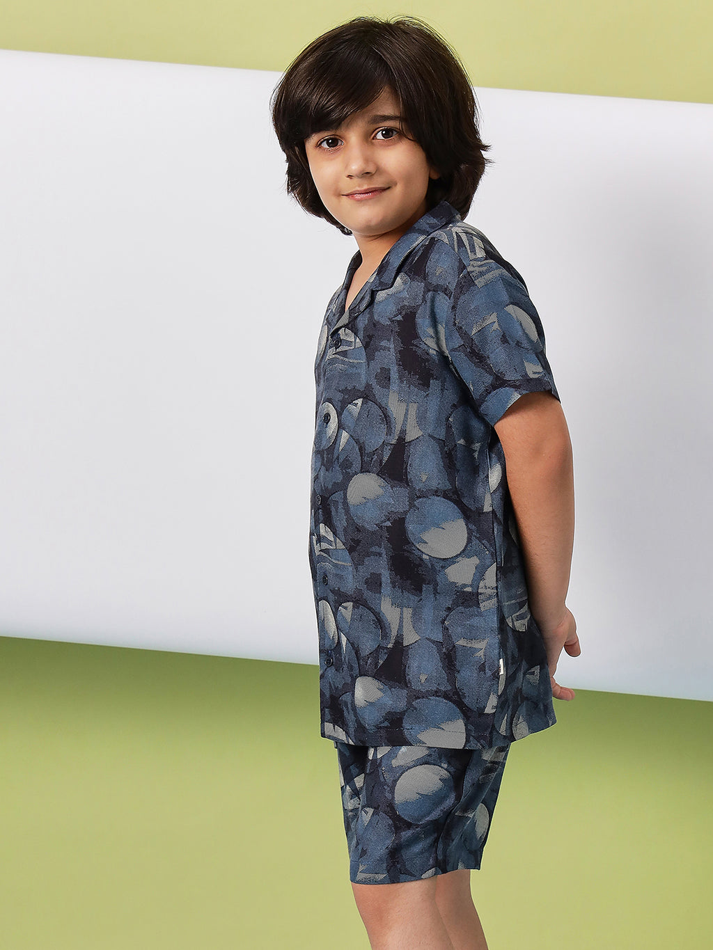 Boys Mid Thigh Printed Shirt with Shorts - Blue