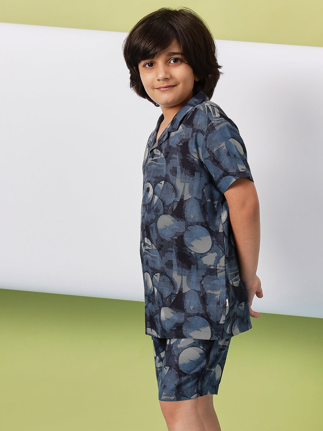 Boys Mid Thigh Printed Shirt with Shorts - Blue