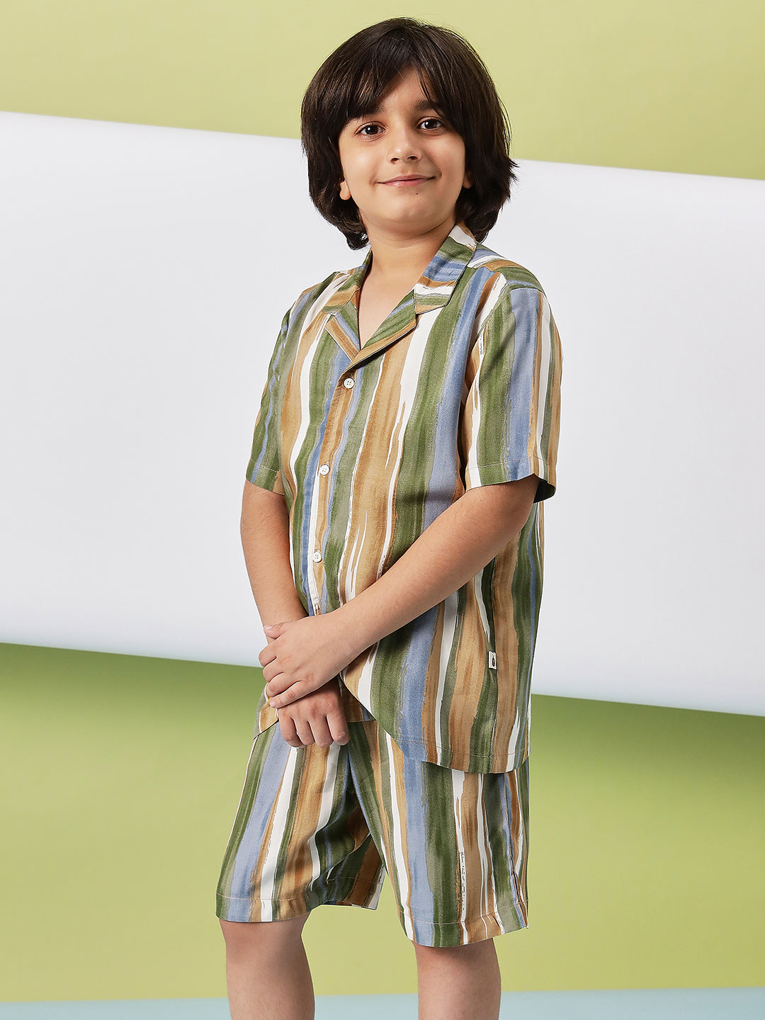 Boys Mid Thigh Printed Shirt with Shorts - Green