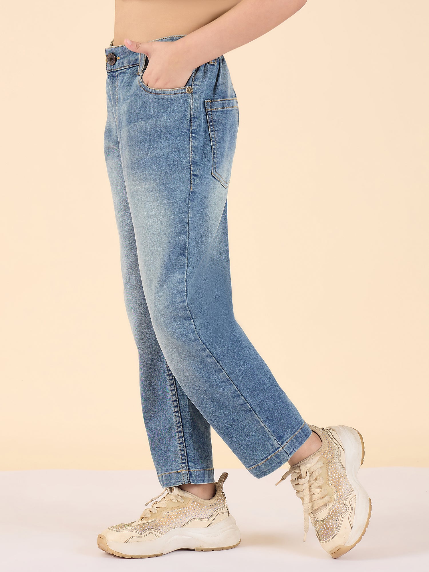 Girls Ankle Length Solid Jeans - Blue