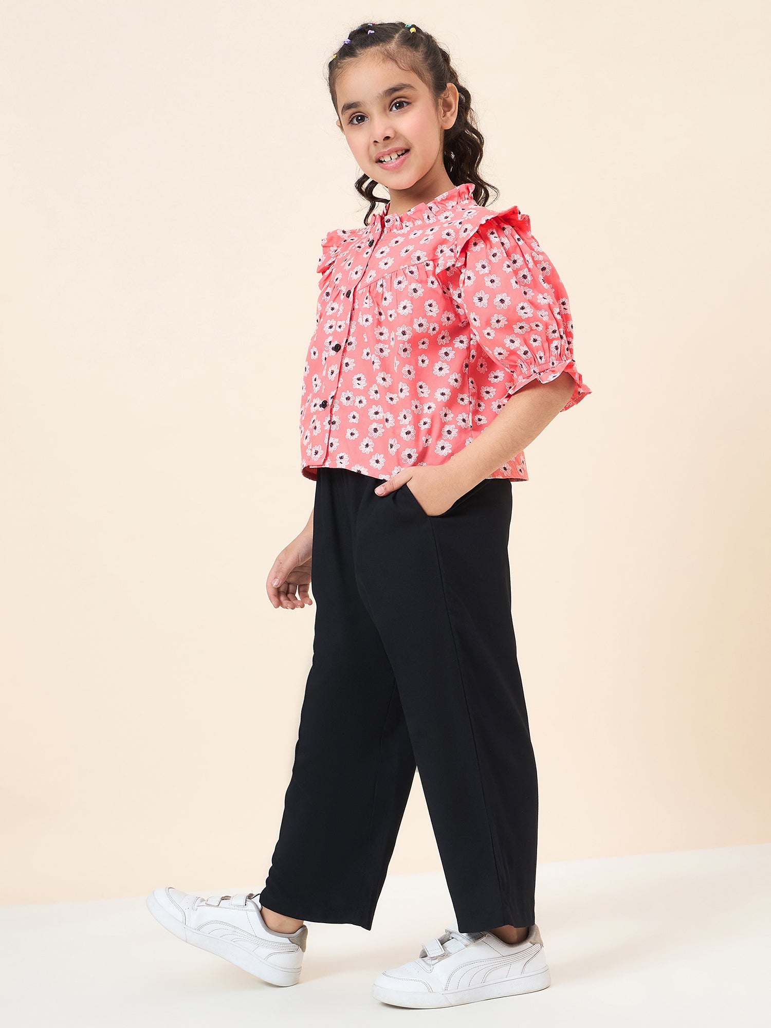 Girls Ankle Length All over Print Top With Pants - Red