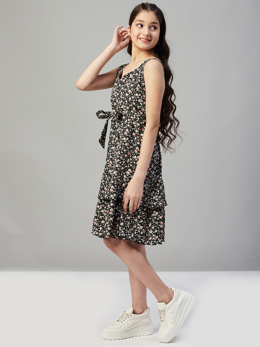 Girls knee length Printed Dress - Black