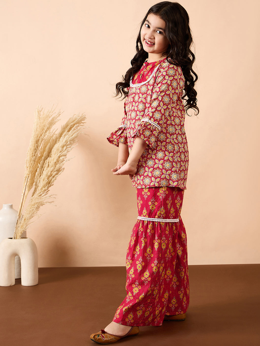 Girls Ankle Length All over Print Kurti Set - Red