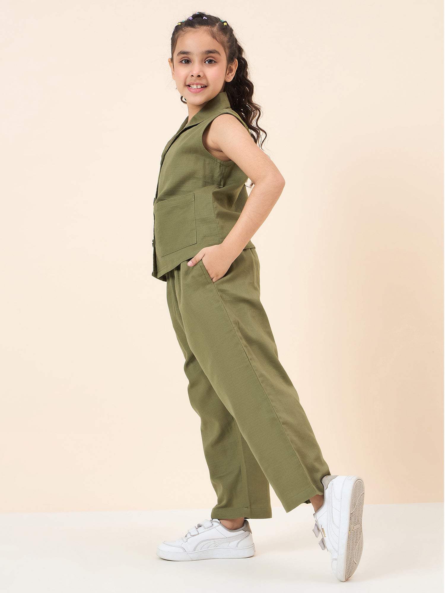 Girls Ankle Length Solid Top With Pants - Green