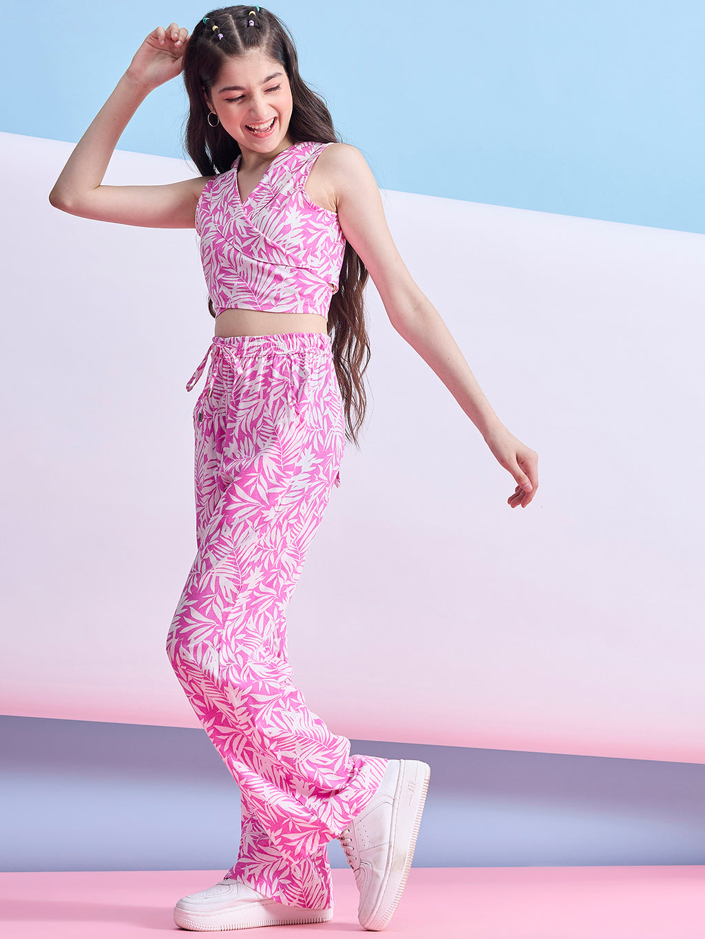 Girls Ankle Length Printed Top With Pants - Pink