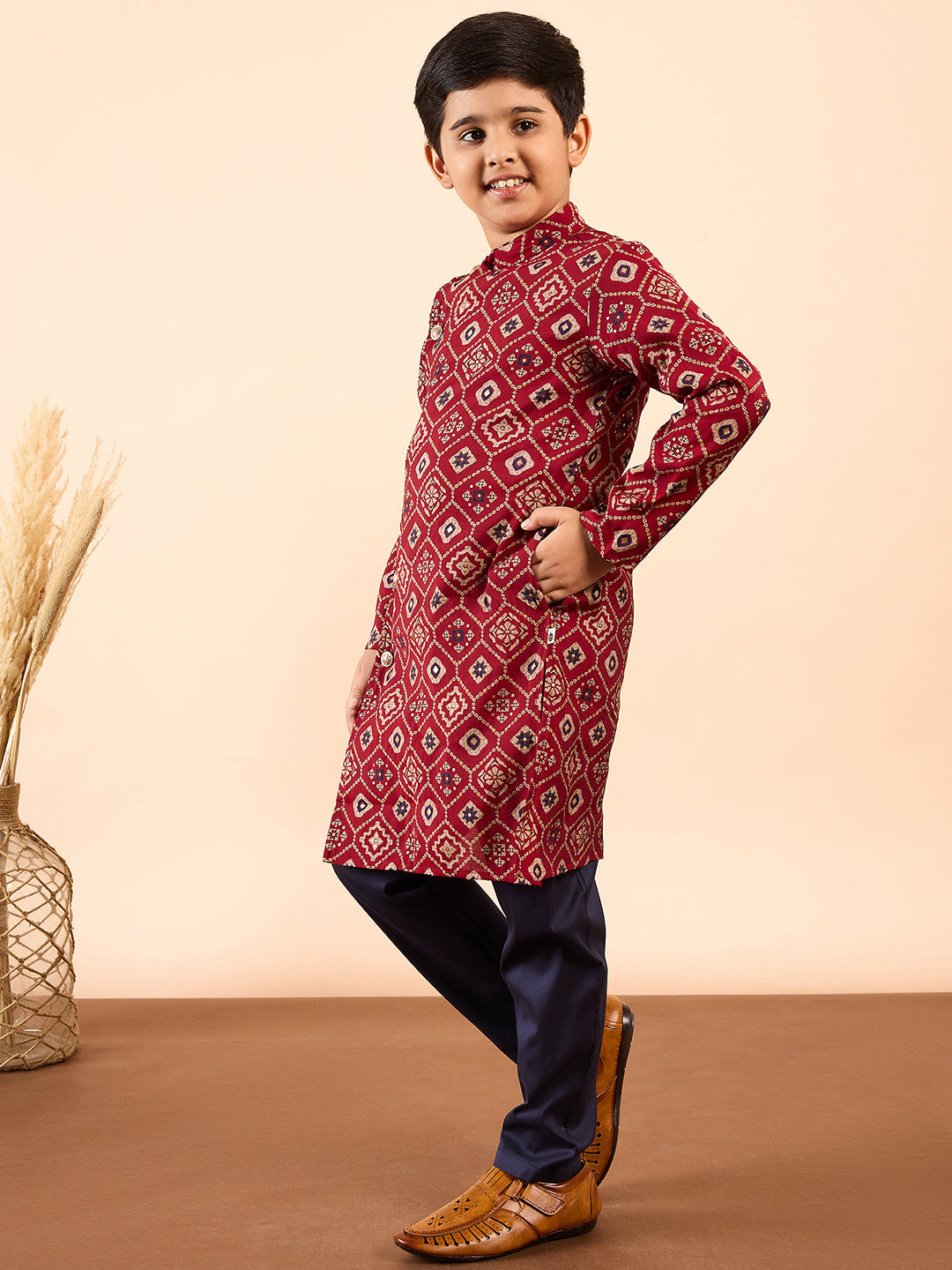 Boys Ankle Length Printed Kurta Set - Red