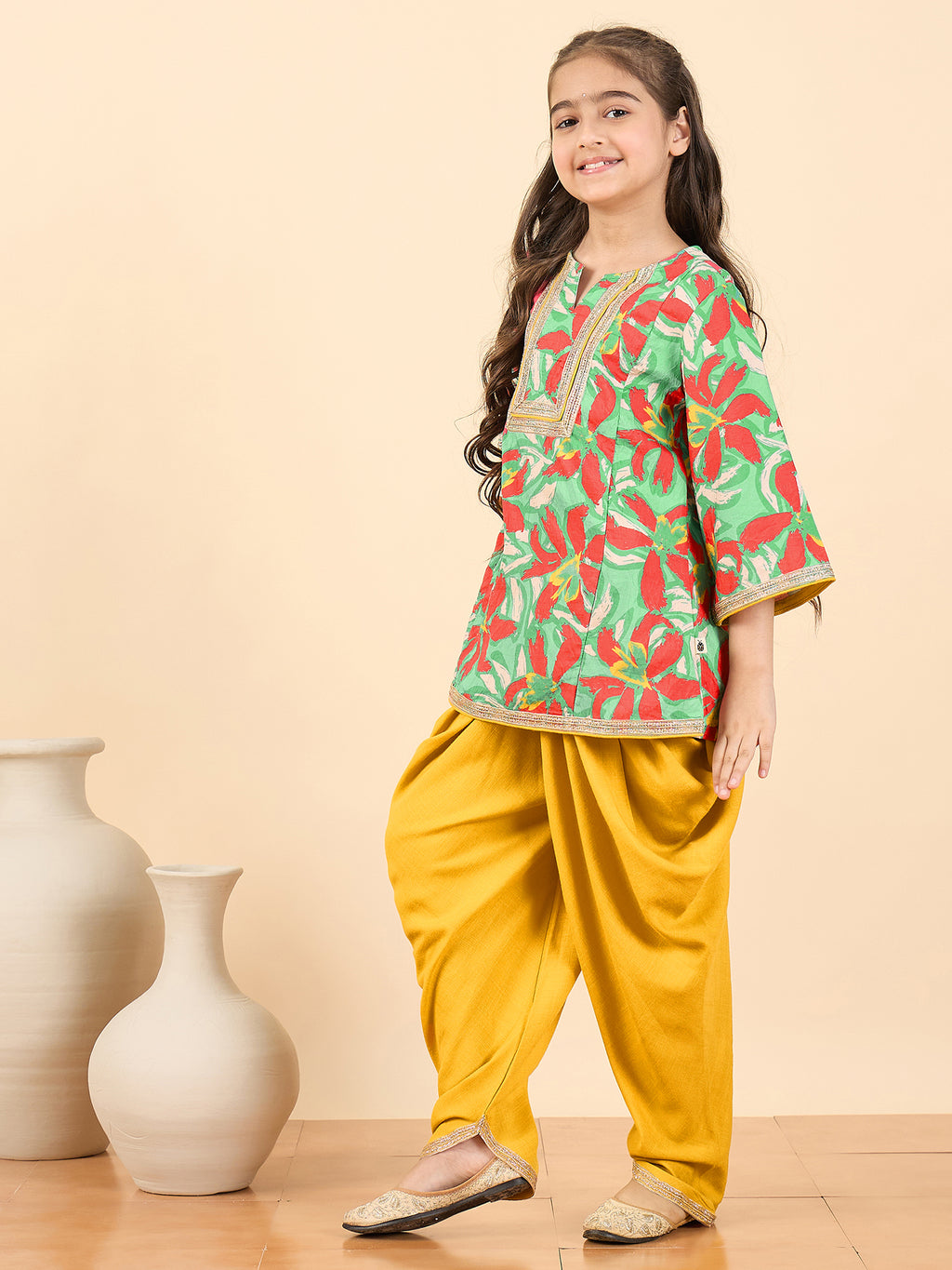 Girls Above Knee All over Print Kurti Set - Green